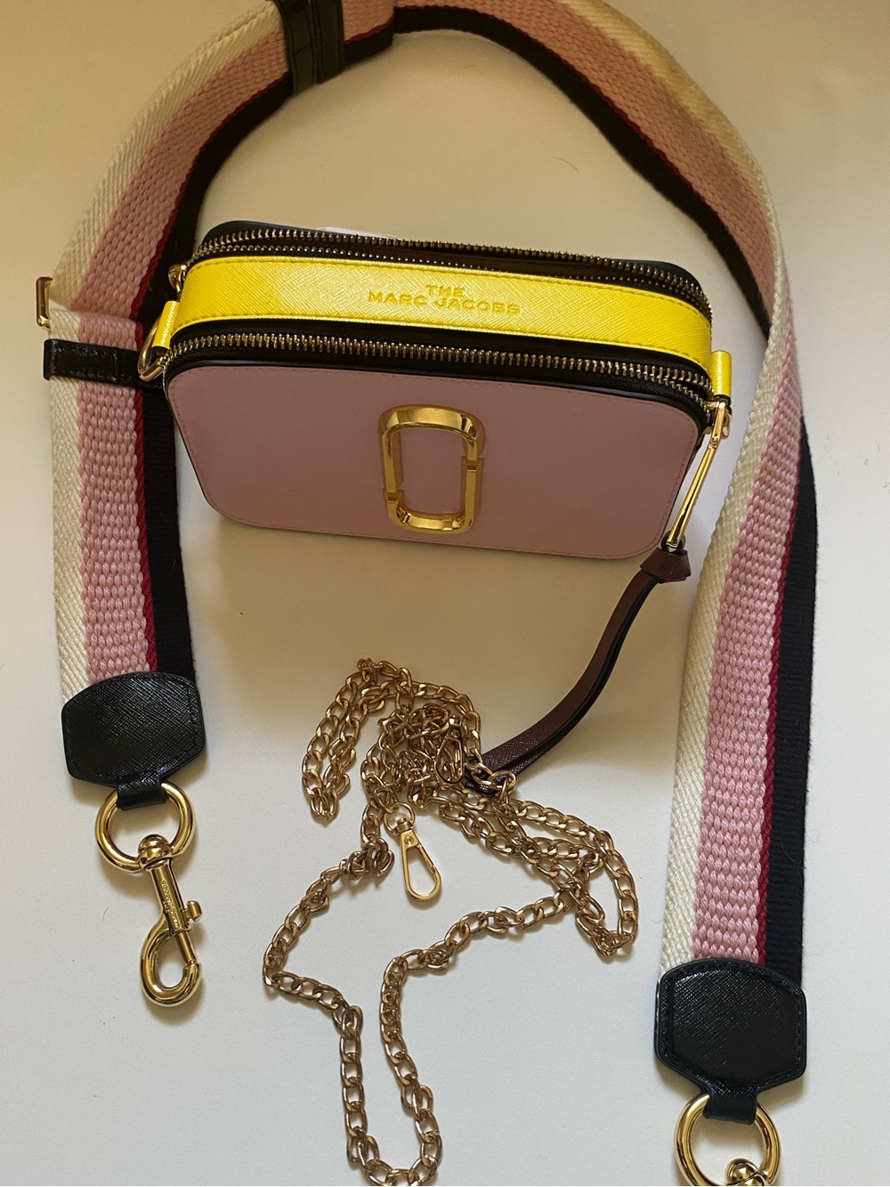 Marc Jacobs The Snapshot Yellow Brown Pink Leather Camera Bag w strap & chain